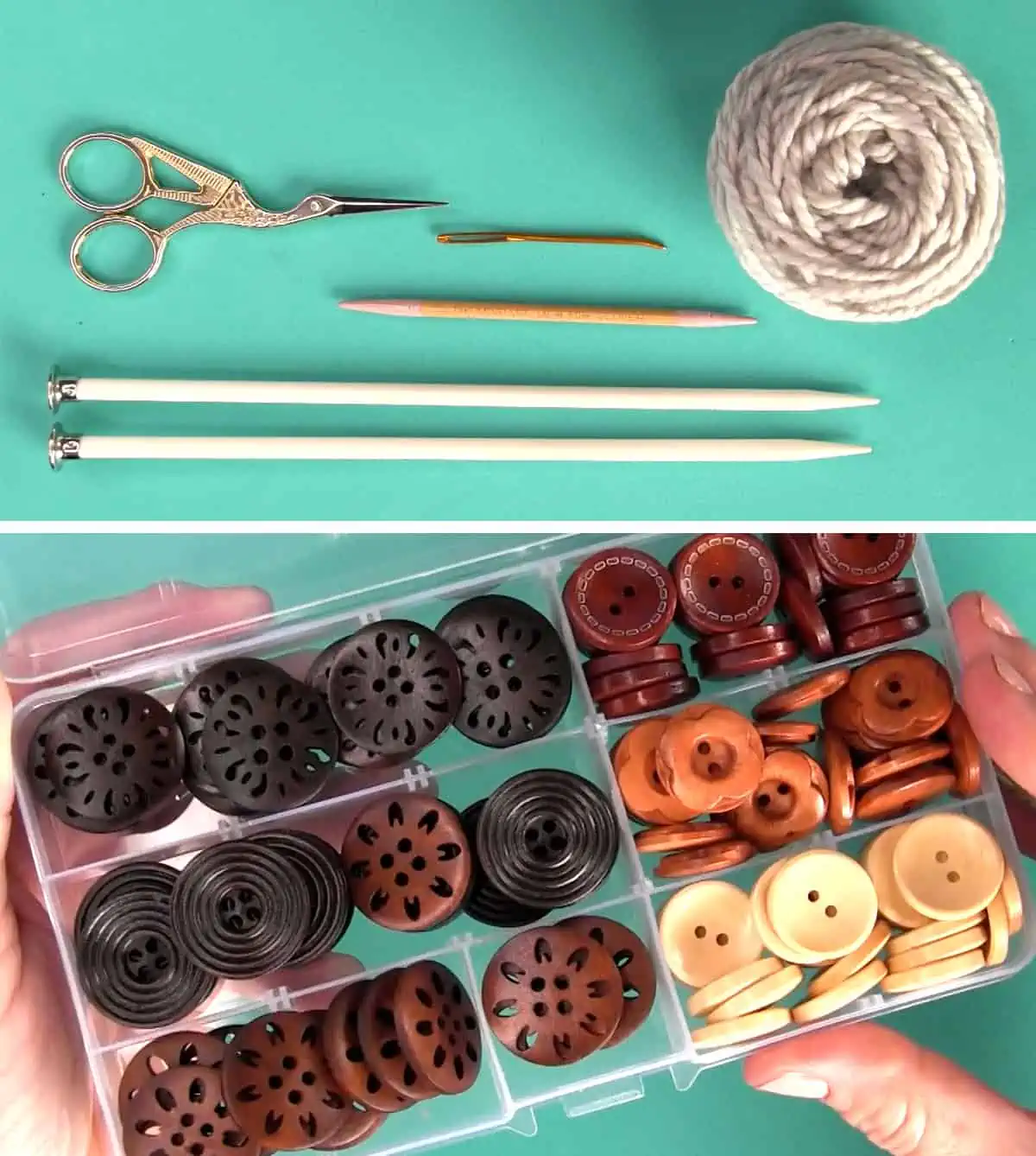 Knitting supplies of yarn, knitting needles, tapestry needle, cable needle, and craft buttons.