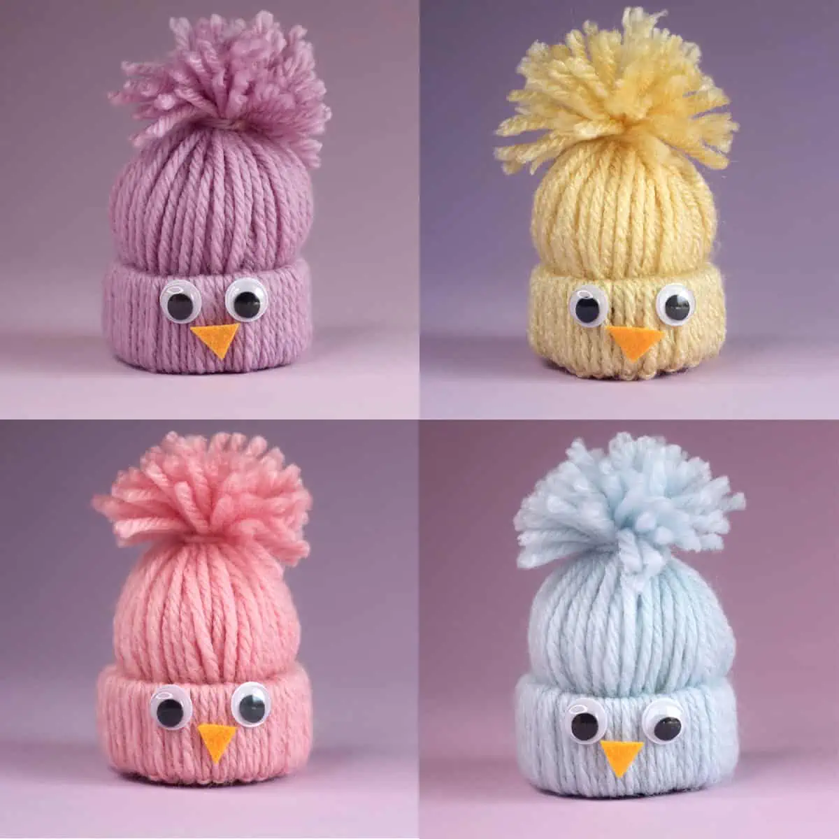 Four different yarn chick craft projects in colors pink, purple, yellow, and blue.