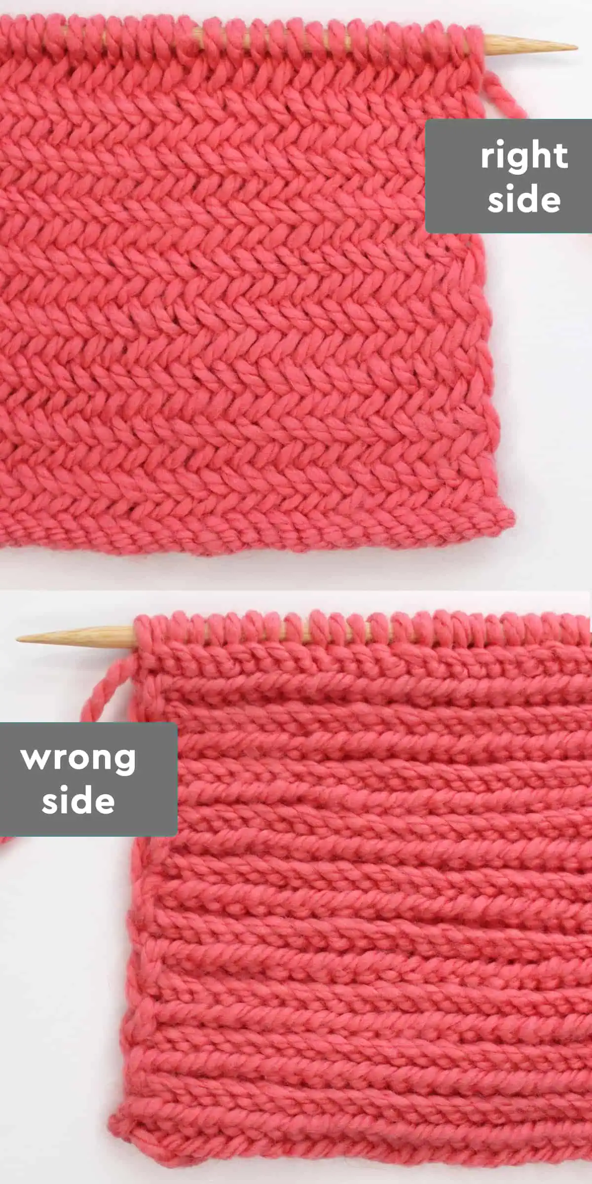 Right and wrong sides of the Horizontal Herringbone Stitch pattern in orange yarn color.