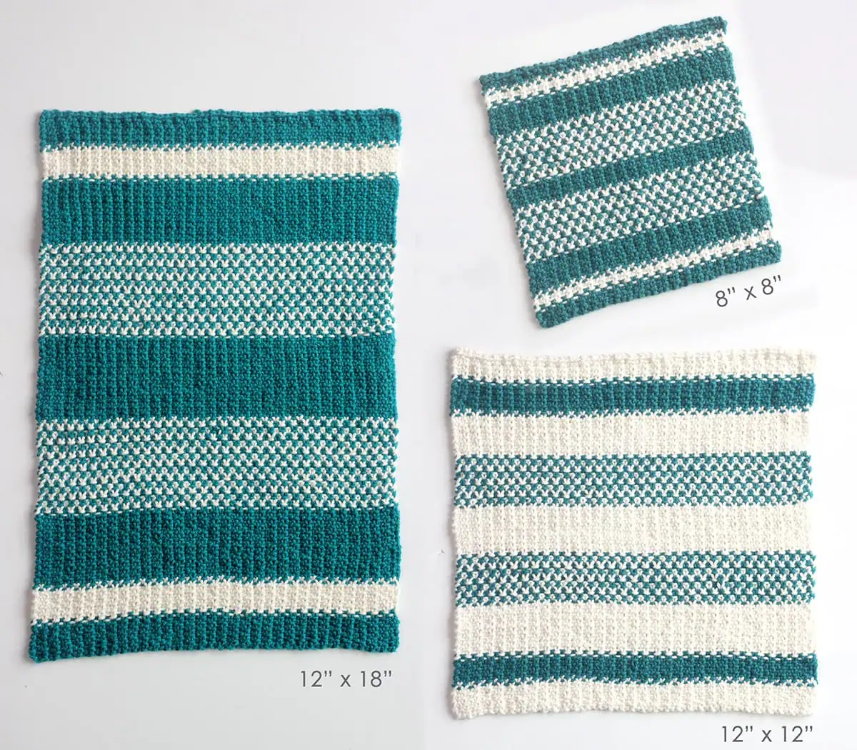 Three knitted dishcloth sizes in the linen stitch in blue and white colored yarn.
