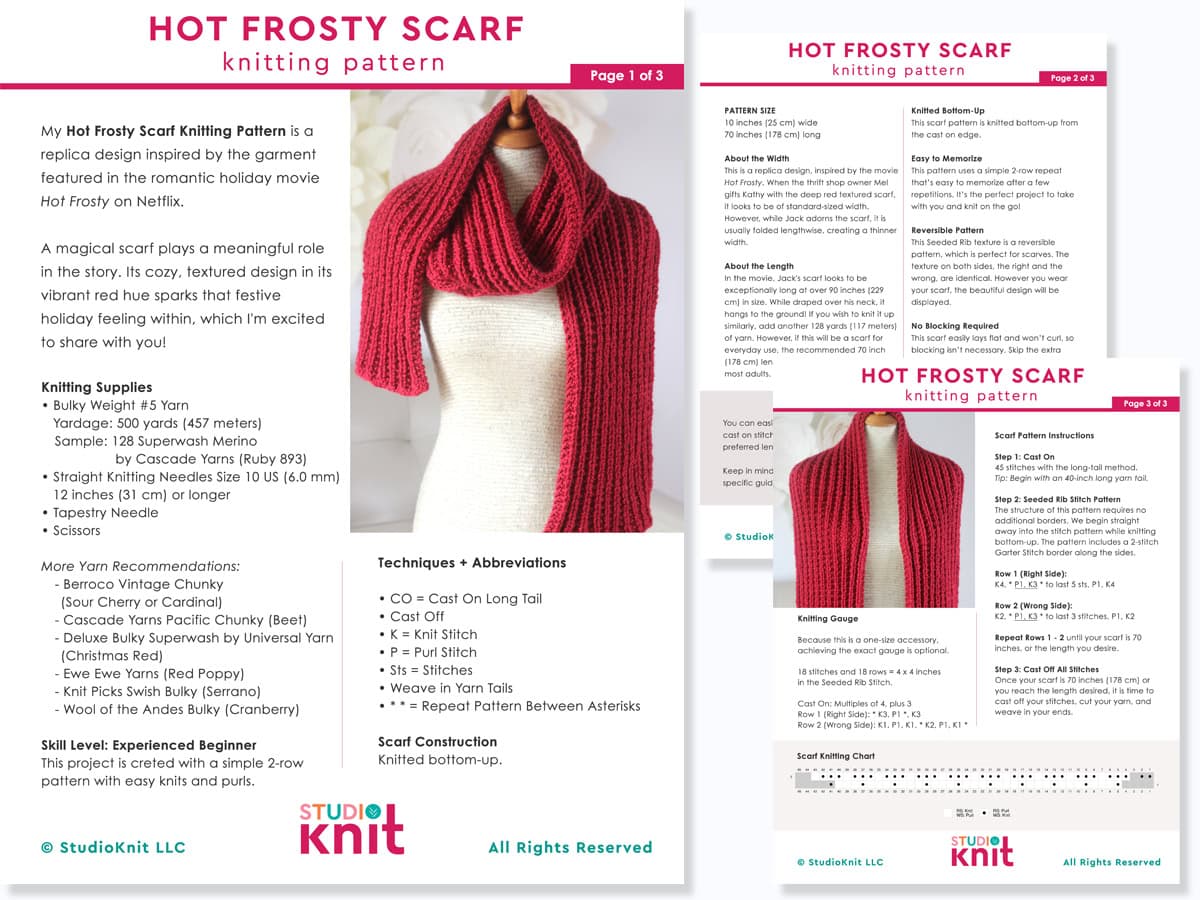 Printable knitting pattern of Hot Frosty Scarf replica by Studio Knit.