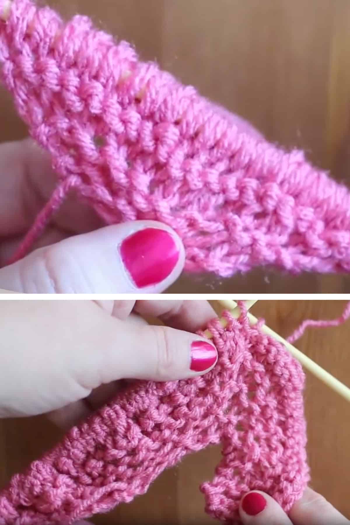 Hands knitting with pink yarn on needles.