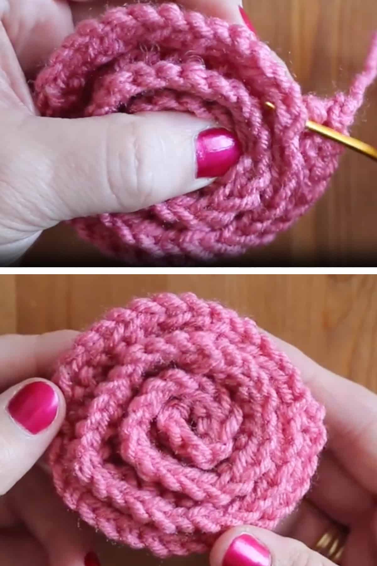 Shaping and sewing up knitted rose.