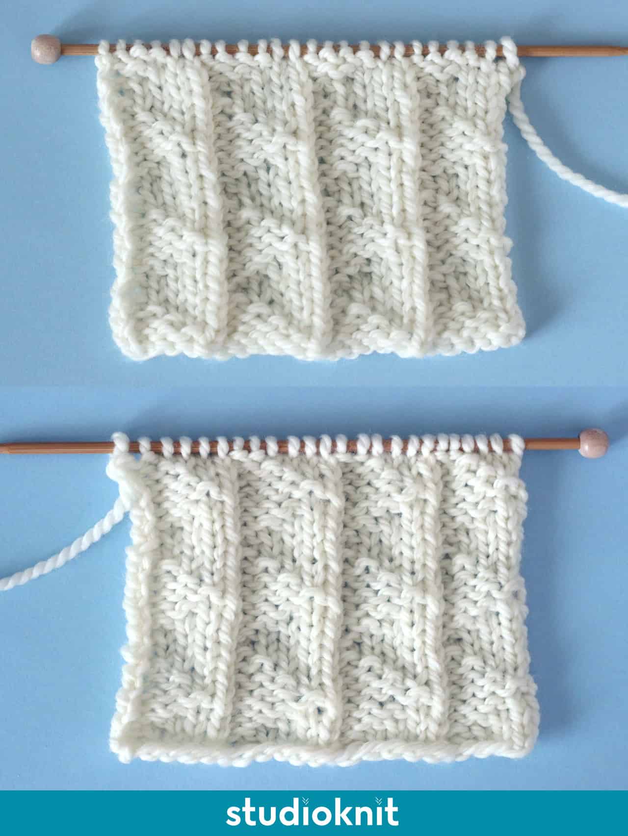 Right and wrong sides of the Pennant Pleating Knit Stitch Pattern.