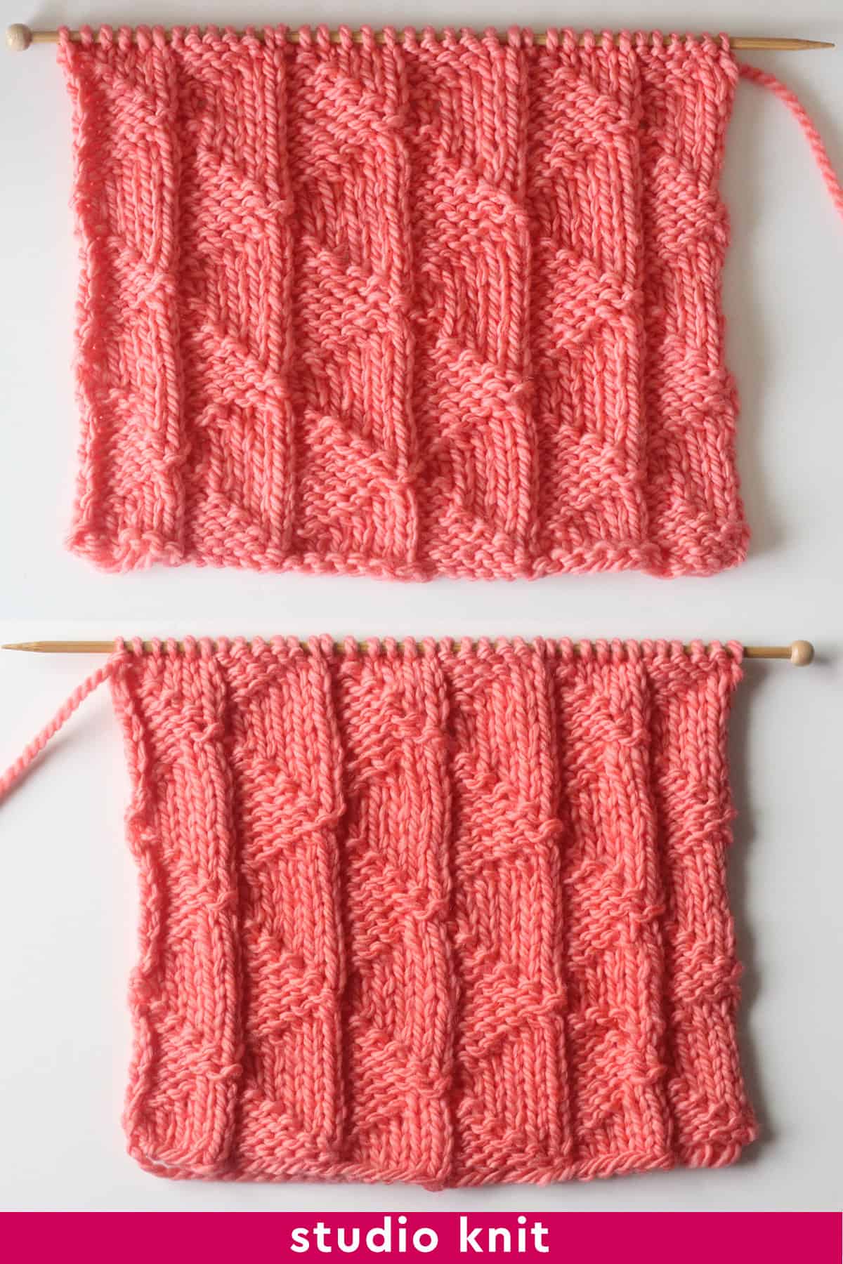 Right and wrong sides of the Twin Sails knit stitch pattern in orange yarn color.