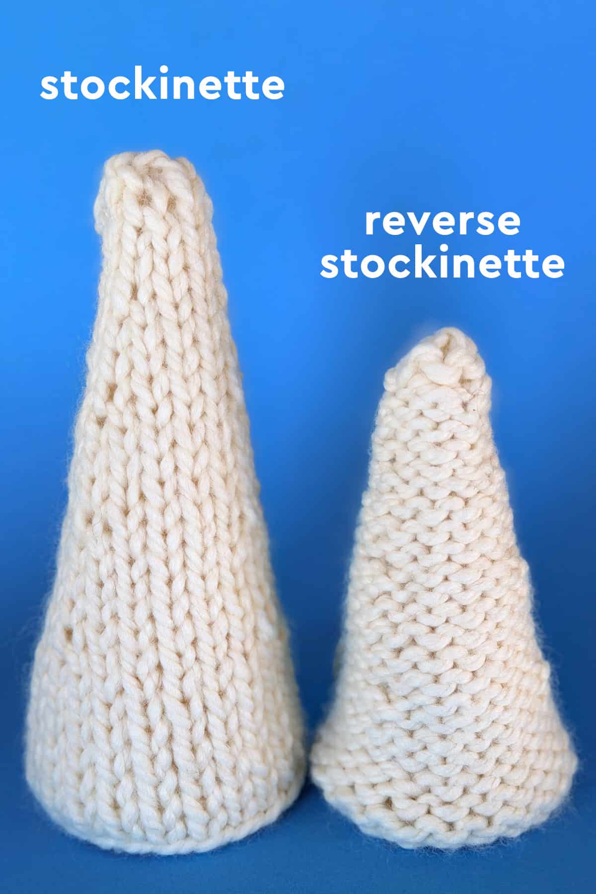 Two ivory knitted cone trees side by side showing the difference between stockinette and reverse stockinette textures, labeled for clarity.