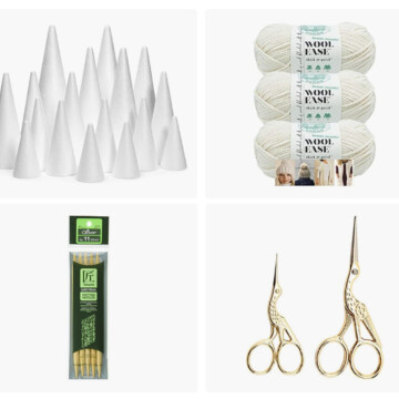 Knitting supplies for the Knit Tabletop Tree Collection, including foam craft cones for shaping, Lion Brand Wool-Ease Thick & Quick yarn in Fisherman, Clover Takumi double-pointed needles in size US 11 (8 mm), and gold embroidery scissors.