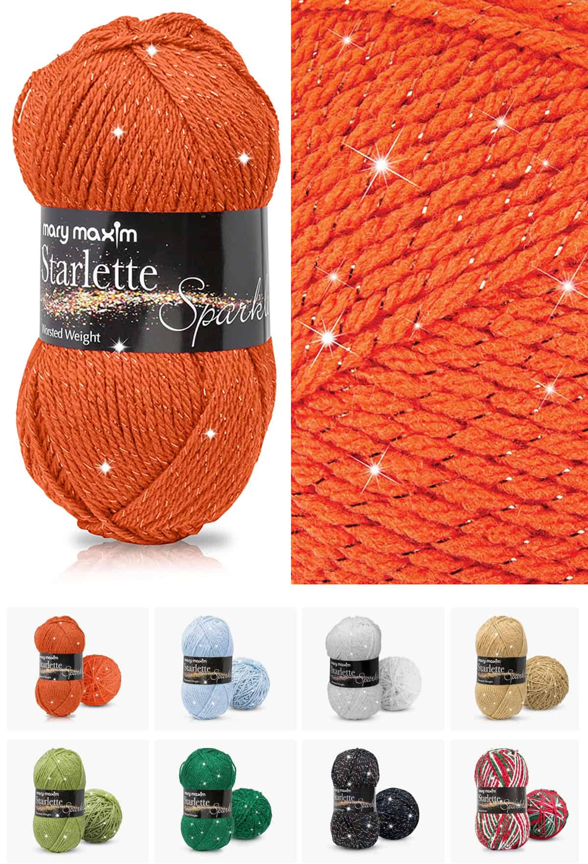 Ball of Mary Maxim Starlette Sparkle worsted weight yarn in orange with metallic thread detail, shown with close-up texture and color options