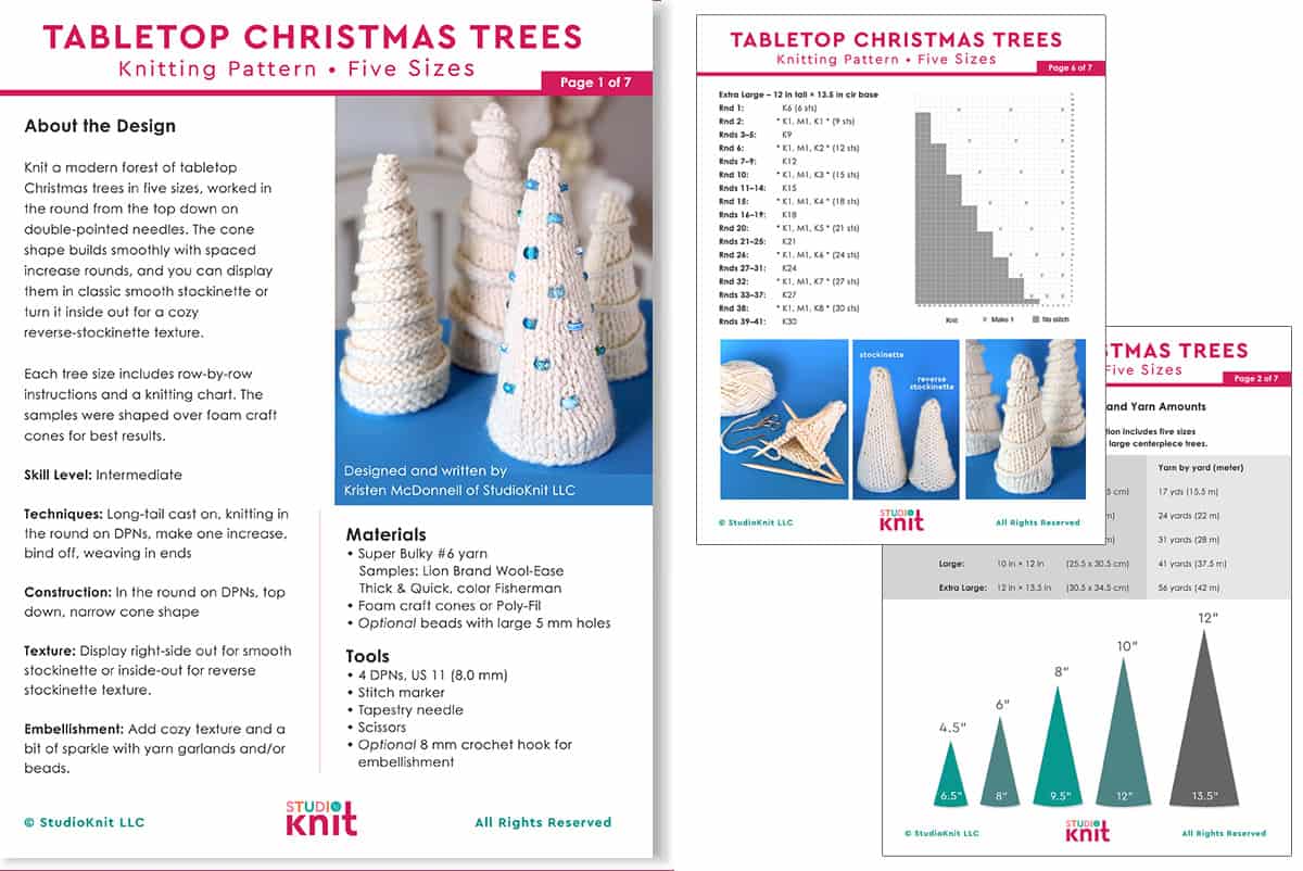 Thumbnail images of the printable knitting pattern of Tabletop Christmas Trees by Studio Knit.