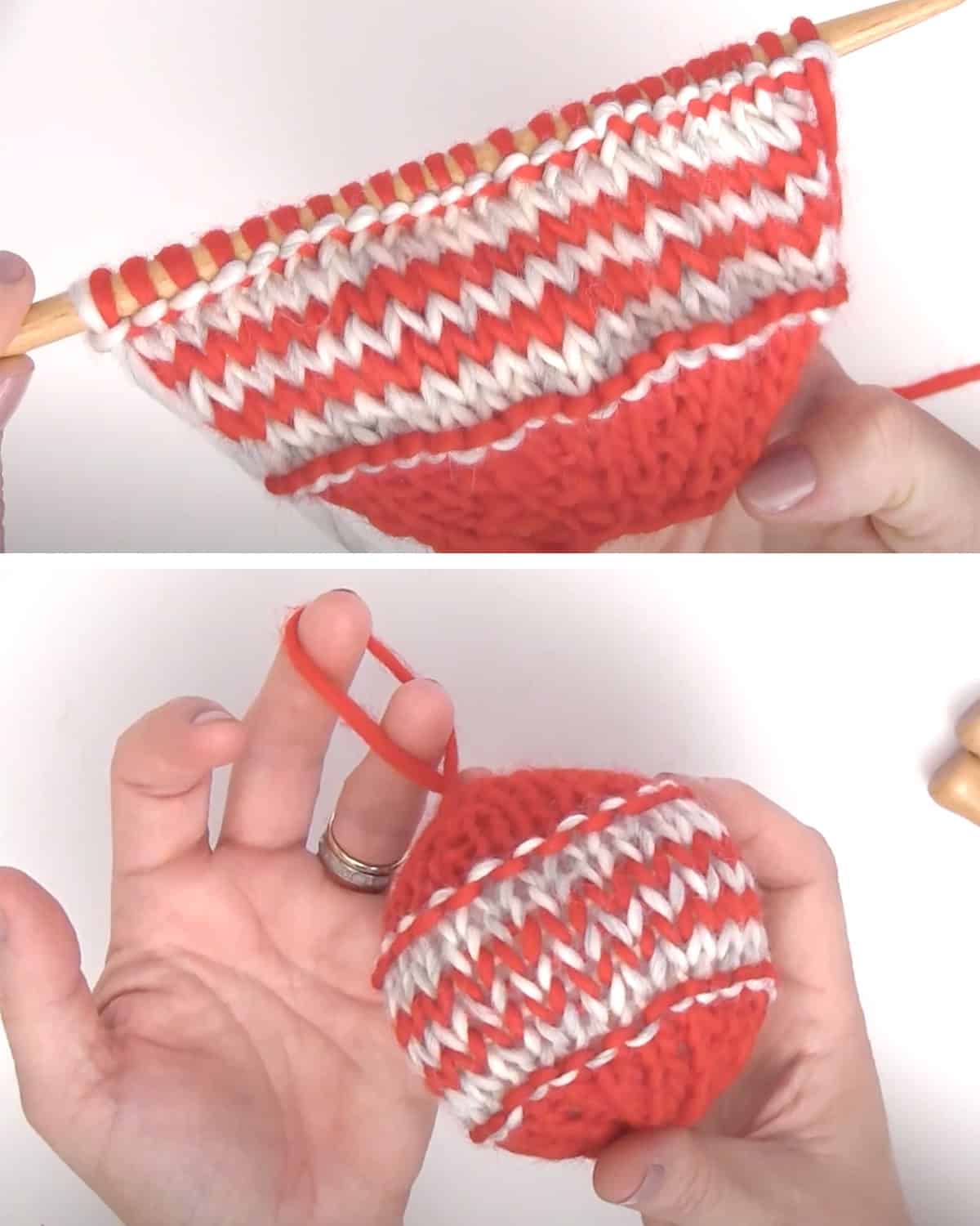 Step-by-step photo collage showing a Knitted Christmas Ball Ornament worked flat on straight needles in red and white yarn.