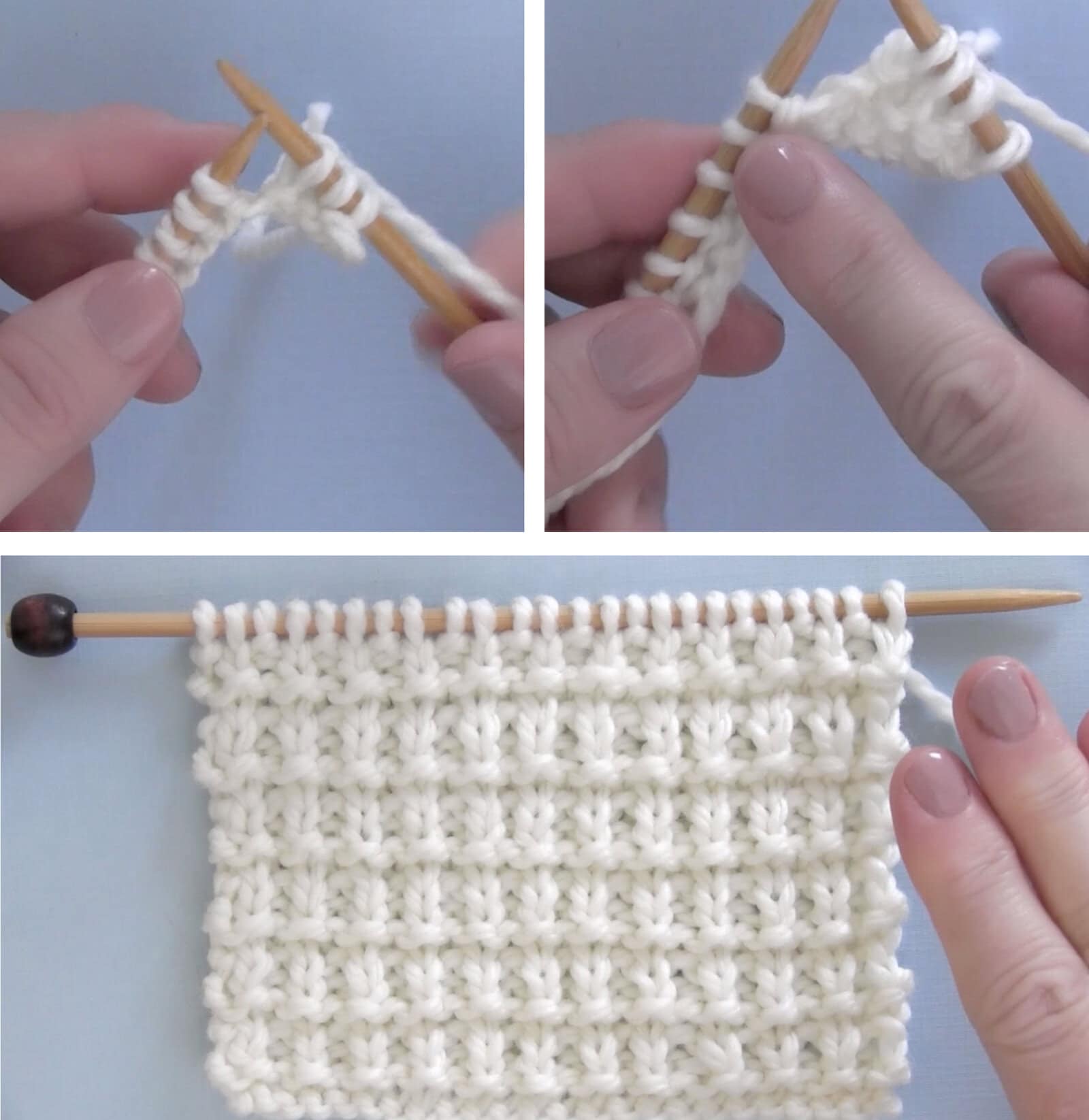 How to knit the Hurdle Stitch with bamboo needles, showing step-by-step technique and finished textured knit stitch pattern swatch in white yarn.