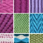 Grid of colorful reversible knit stitch patterns showing a variety of textured designs for scarves and blankets.