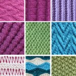 Grid of colorful reversible knit stitch patterns showing a variety of textured designs for scarves and blankets.