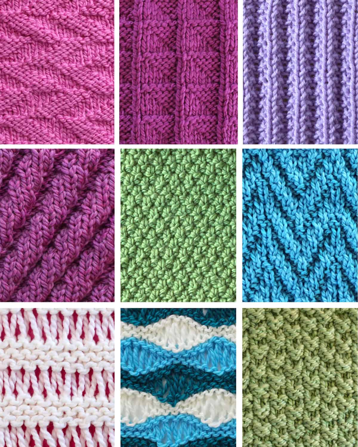 Grid of colorful reversible knit stitch patterns showing a variety of textured designs for scarves and blankets.
