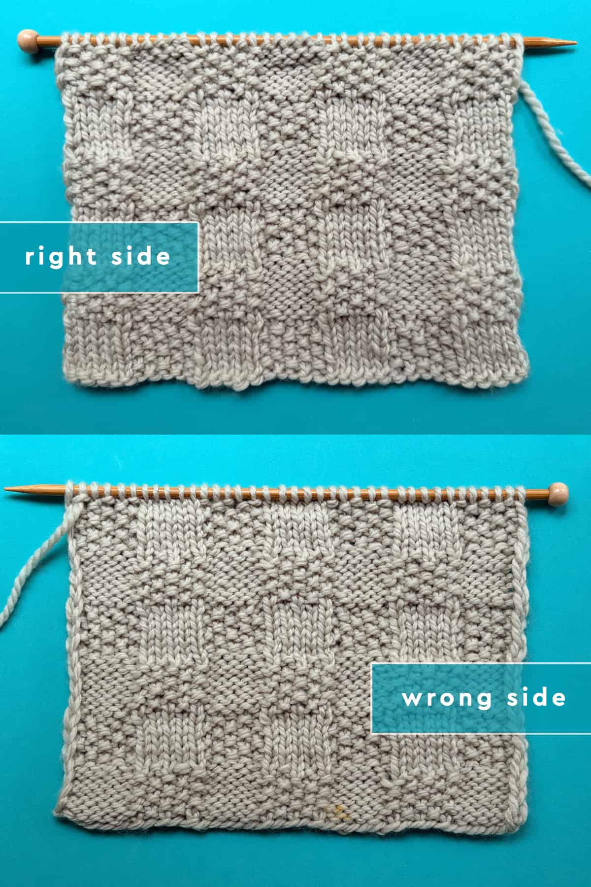 Checkerboard Triple Weave Stitch swatch on teal background, right side and identical wrong side labeled.