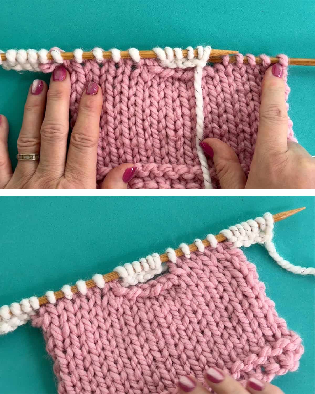 Knitted Cast On used to add stitches at different points in a stockinette knitting project.