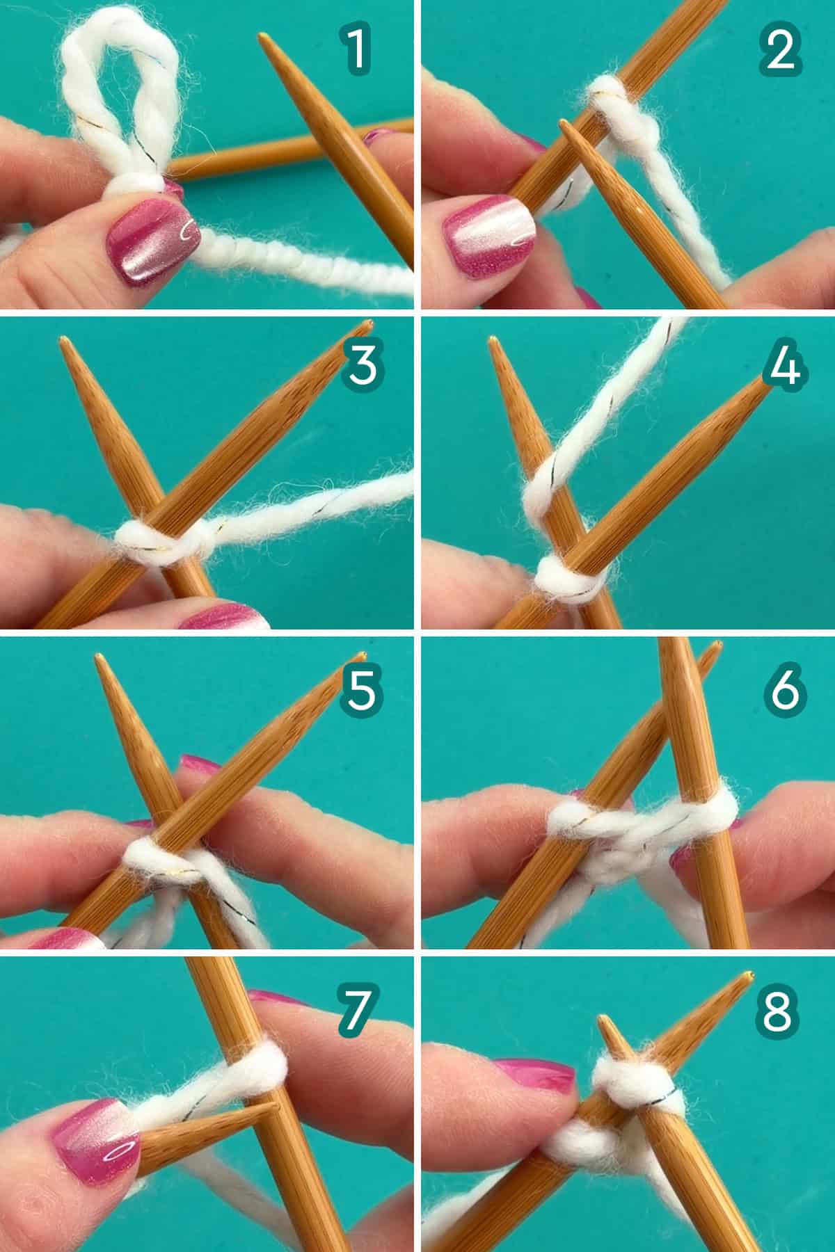 Hand knit demonstration of eight steps to do the knitted cast on technique.
