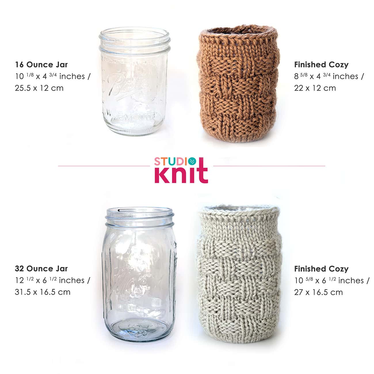 Basketweave Mason Jar Cozy size comparison showing finished knitted cozy dimensions for 16 oz and 32 oz wide-mouth mason jars.
