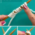 Knitted Cast On stitches on a wooden knitting needle with step-by-step knitting instructions for beginners.